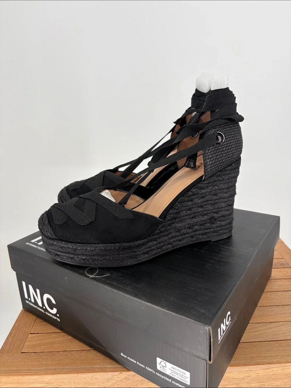 New Women’s INC International Concepts Black Lace-Up Wedge Espadrille size 9M